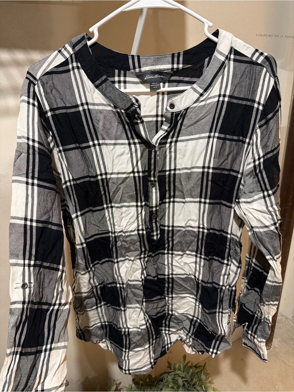 Eddie Bauer Black & White Plaid Button-Front Henley